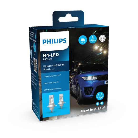 Philips Ultinon Pro6000 boost GEN2 H4 LED bulbs - 11342U60B2X2 - road legal - 2 bulbs