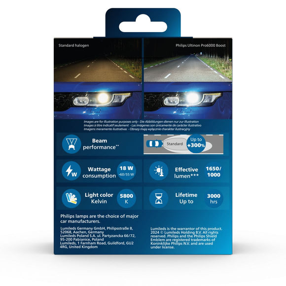 Philips Ultinon Pro6000 boost GEN2 H4 LED bulbs - 11342U60B2X2 - road legal - 2 bulbs