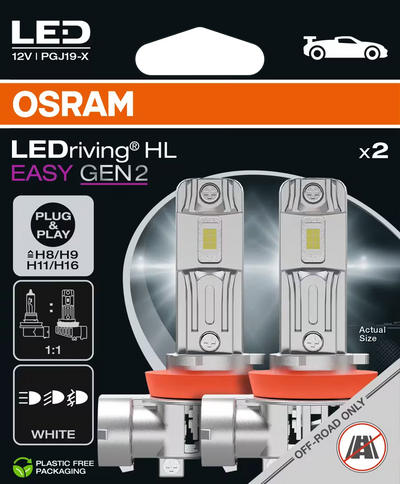 OSRAM LEDriving HL Easy Gen2 H8/H9/H11 LED bulbs packaging with two bulbs shown.
