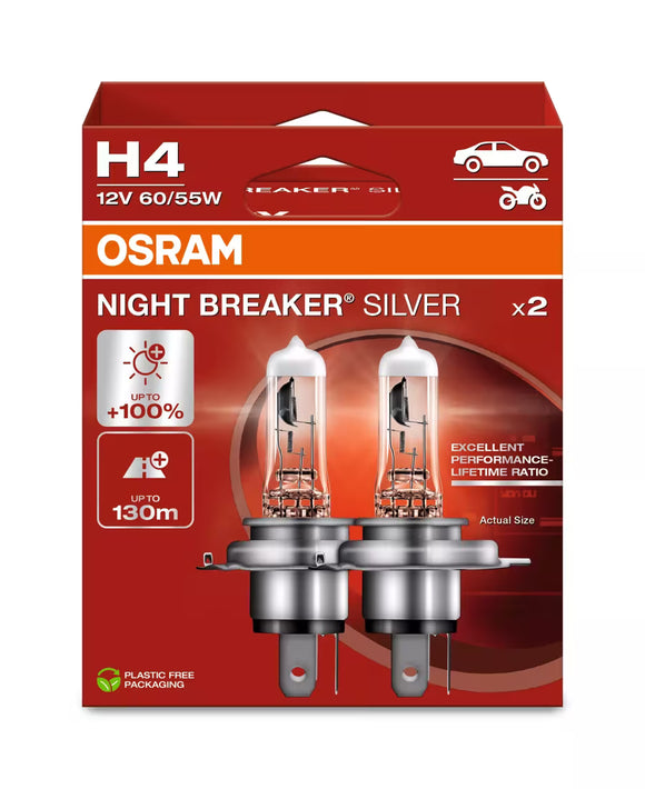 Osram night breaker Silver H4 Halogen upgrade bulbs - 64193NBS-2HB - 2 bulbs