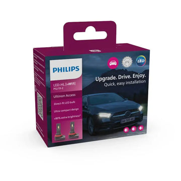 Philips LED H11 Ultinon access H11 LED upgrade bulbs | 11362U2500CX packaging with car drive experience